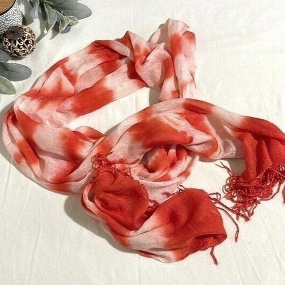 Scarf Orange and White Tie-Dyed Pattern with Fringe - Picture 1 of 9